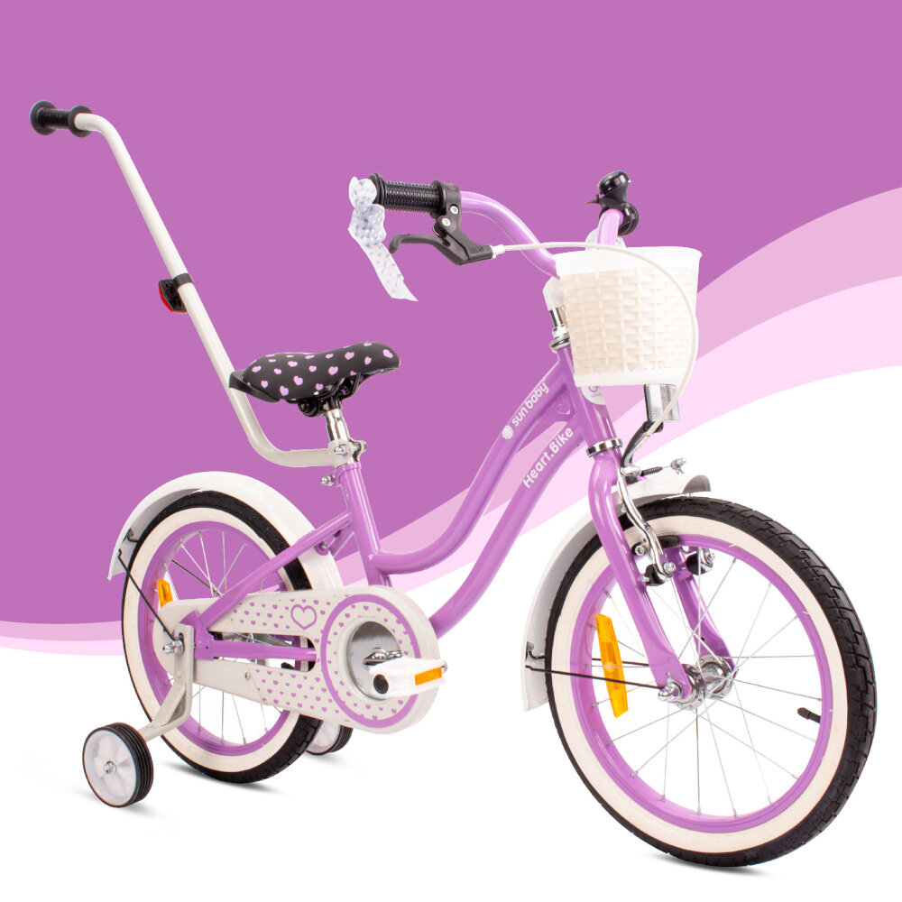 Rower dziecięcy SUN BABY Heart bike 16 cali dla dziewczynki Fioletowy pieknie wykonczony Fioletowy lakier detale kwiaty lawendy kokardki przy kierownicy dla dzieci w wieku od 4 do 6 lat