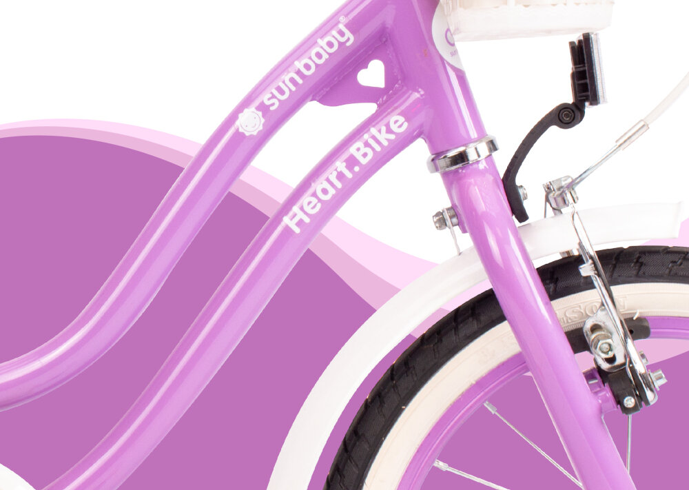 Rower dziecięcy SUN BABY Heart bike 16 cali dla dziewczynki Fioletowy odpowiednio wyselekcjonowane materialy rama stalowa 9,5-calowa dostosowana do najmlodszych geometria ulatwia wsiadanie i zsiadanie ponadprzecietna odpornosc na uszkodzenia mechaniczne i dzialanie czynnikow zewnetrznych wybor rozmiaru ramy wzrost Twojego dziecka mierzony w zrelaksowanej pozycji typ roweru dla dzieci o wzroscie od 105 do 135 cm