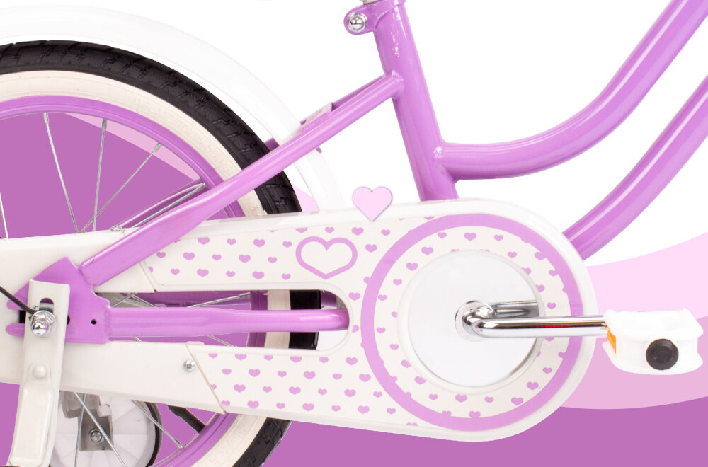 Rower dziecięcy SUN BABY Heart bike 16 cali dla dziewczynki Fioletowy kola rozmiar 16 cali aluminiowe obrecze kola zachowaja ksztalt opony trzymane stabilnie bezpieczna jazda blotniki regularne sprawdzanie cisnienia powietrza wartosc na bocznej czesci opony