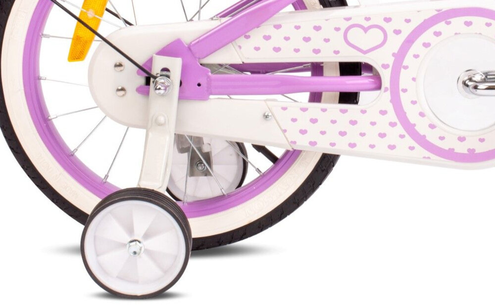 Rower dziecięcy SUN BABY Heart bike 16 cali dla dziewczynki Fioletowy boczne kolka asekuracja poczatkowej fazie nauki latwo usunac oslona pokryta mnostwem serduszek zabezpiecza lancuch przed brudem dluzsza zywotnosc