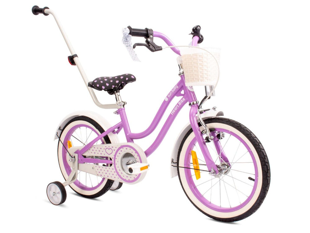 Rower dziecięcy SUN BABY Heart bike 16 cali dla dziewczynki Fioletowy najwyzszy komfort jazdy dziecko nie odczuje dyskomfortu zapewniona odpowiednia pozycja ciala kierownica regulacja w zakresie 72-80 cm uchwyty antyposlizgowy material zabezpiecza dlonie przed otarciami