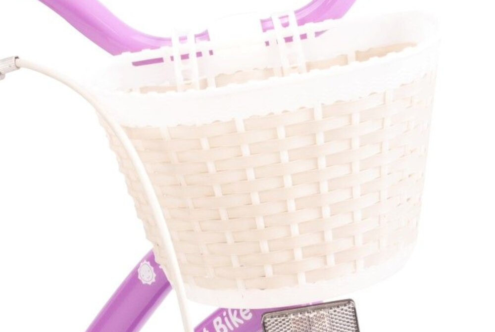 Rower dziecięcy SUN BABY Heart bike 16 cali dla dziewczynki Fioletowy koszyk na drobiazgi uchwyty zakonczone wstazkami dzwonek