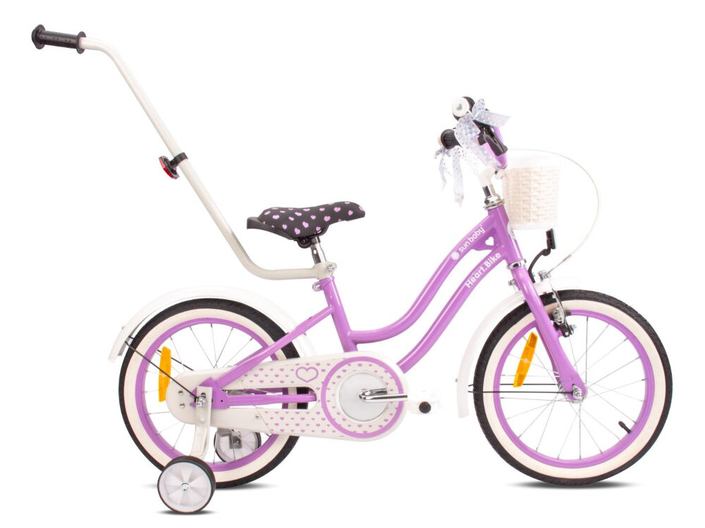 Rower dziecięcy SUN BABY Heart bike 16 cali dla dziewczynki Fioletowy palak prowadzacy dla rodzica pomoc w szlifowaniu umiejetnosci jazdy pelna kontrola nad pojazdem