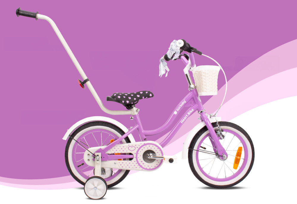 Rower dziecięcy SUN BABY Heart bike 14 cali dla dziewczynki Fioletowy pieknie wykonczony Fioletowy lakier detale kwiaty lawendy kokardki przy kierownicy dla dzieci w wieku od 3 do 5 lat