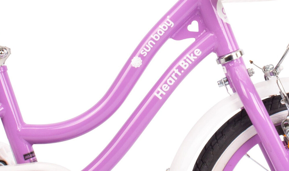 Rower dziecięcy SUN BABY Heart bike 14 cali dla dziewczynki Fioletowy odpowiednio wyselekcjonowane materialy rama stalowa 8,25-calowa dostosowana do najmlodszych geometria ulatwia wsiadanie i zsiadanie ponadprzecietna odpornosc na uszkodzenia mechaniczne i dzialanie czynnikow zewnetrznych wybor rozmiaru ramy wzrost Twojego dziecka mierzony w zrelaksowanej pozycji typ roweru dla dzieci o wzroscie od 95 do 105 cm