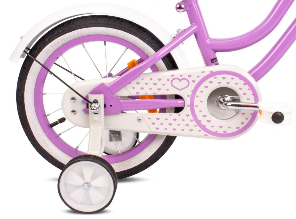Rower dziecięcy SUN BABY Heart bike 14 cali dla dziewczynki Fioletowy boczne kolka asekuracja poczatkowej fazie nauki latwo usunac oslona pokryta mnostwem serduszek zabezpiecza lancuch przed brudem dluzsza zywotnosc