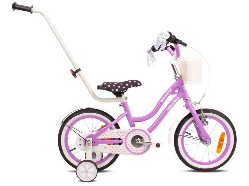 Rower dziecięcy SUN BABY Heart bike 14 cali dla dziewczynki Fioletowy palak prowadzacy dla rodzica pomoc w szlifowaniu umiejetnosci jazdy pelna kontrola nad pojazdem