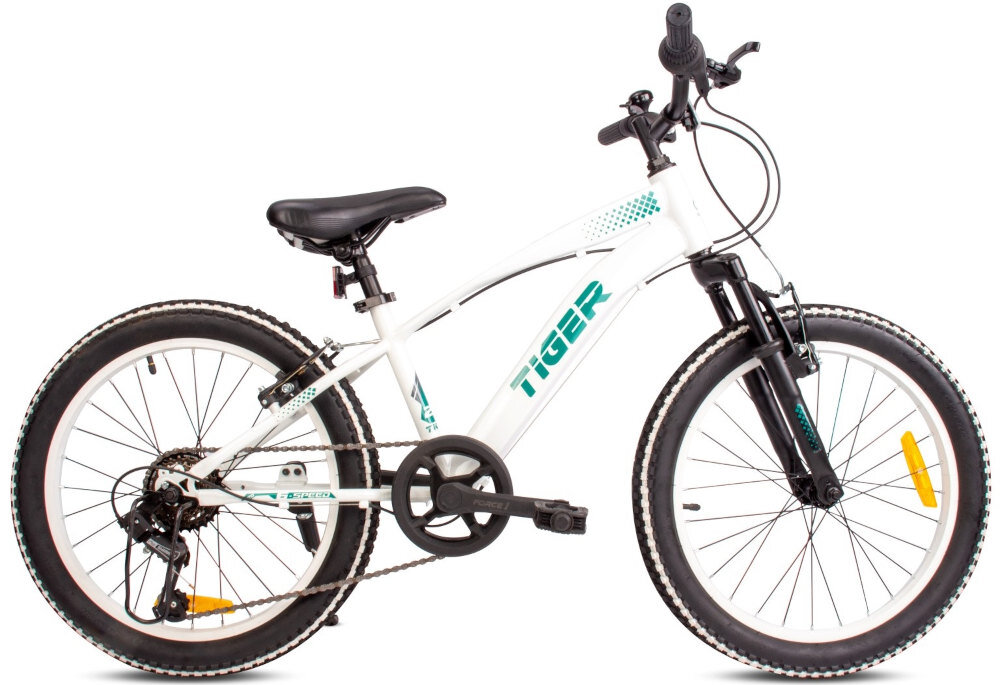 Rower dziecięcy SUN BABY Tiger Bike 20 cali dla chłopca Biało-zielony amortyzator przedni marki ORBI SHOKS niweluje wstrzasy ulatwia najezdzanie na przeszkody mniejsze obciazenie dloni skok 45 mm trasy o roznym stopniu nachylenia i trudnosci