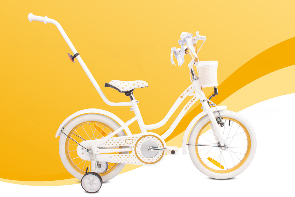 Rower dziecięcy SUN BABY Heart bike 16 cali dla dziewczynki Biało-złoty kola rozmiar 16 cali aluminiowe obrecze kola zachowaja ksztalt opony trzymane stabilnie bezpieczna jazda blotniki regularne sprawdzanie cisnienia powietrza wartosc na bocznej czesci opony