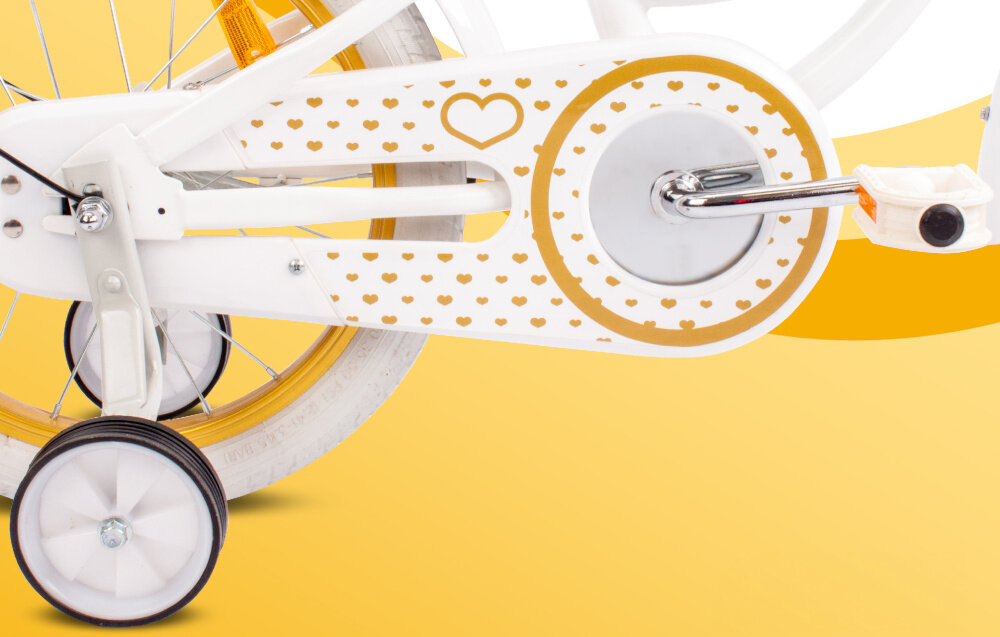 Rower dziecięcy SUN BABY Heart bike 16 cali dla dziewczynki Biało-złoty boczne kolka asekuracja poczatkowej fazie nauki latwo usunac oslona pokryta mnostwem serduszek zabezpiecza lancuch przed brudem dluzsza zywotnosc