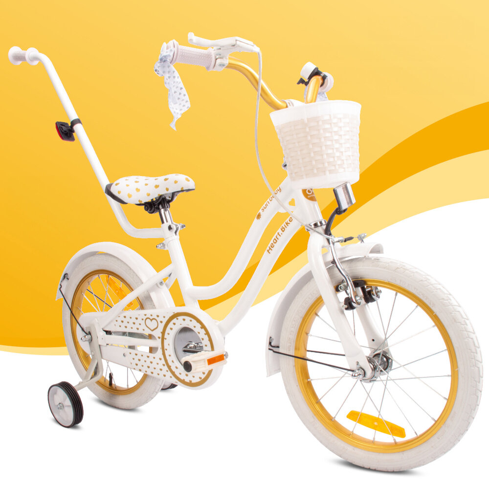 Rower dziecięcy SUN BABY Heart bike 16 cali dla dziewczynki Biało-złoty najwyzszy komfort jazdy dziecko nie odczuje dyskomfortu zapewniona odpowiednia pozycja ciala kierownica regulacja w zakresie 72-80 cm uchwyty antyposlizgowy material zabezpiecza dlonie przed otarciami