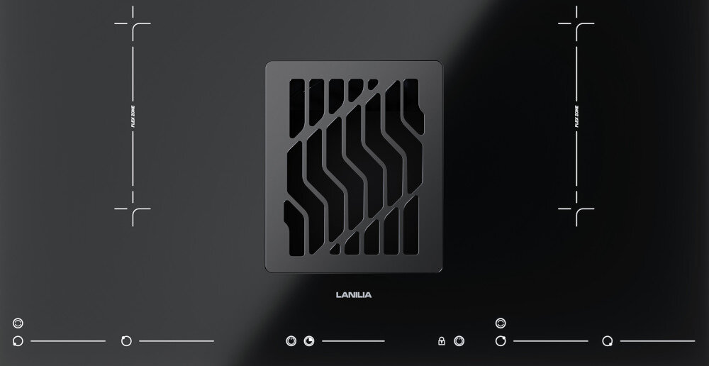 PŁYTA INDUKCYJNA LANILIA VILIO 80.1 Zdjęcie przedstawia płytę grzewczą z centralnie umieszczonym wyciągiem, którego kratka ma charakterystyczny, geometryczny wzór. Symetrycznie rozmieszczone pola grzewcze oraz minimalistyczne oznaczenia na szklanej powierzchni podkreślają przejrzystość obsługi i funkcjonalny układ urządzenia sterowanie dotykowe 9 poziomów okap regulacja mocy panel dotykowy regulacja mocy czasu intensywności