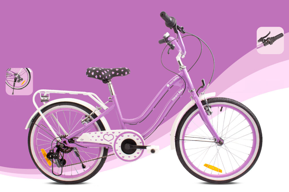 Rower dziecięcy SUN BABY Heart bike 20 cali dla dziewczynki Fioletowy kola rozmiar 20 cali aluminiowe obrecze blotniki regularne sprawdzanie cisnienia powietrza wartosc na bocznej czesci opony