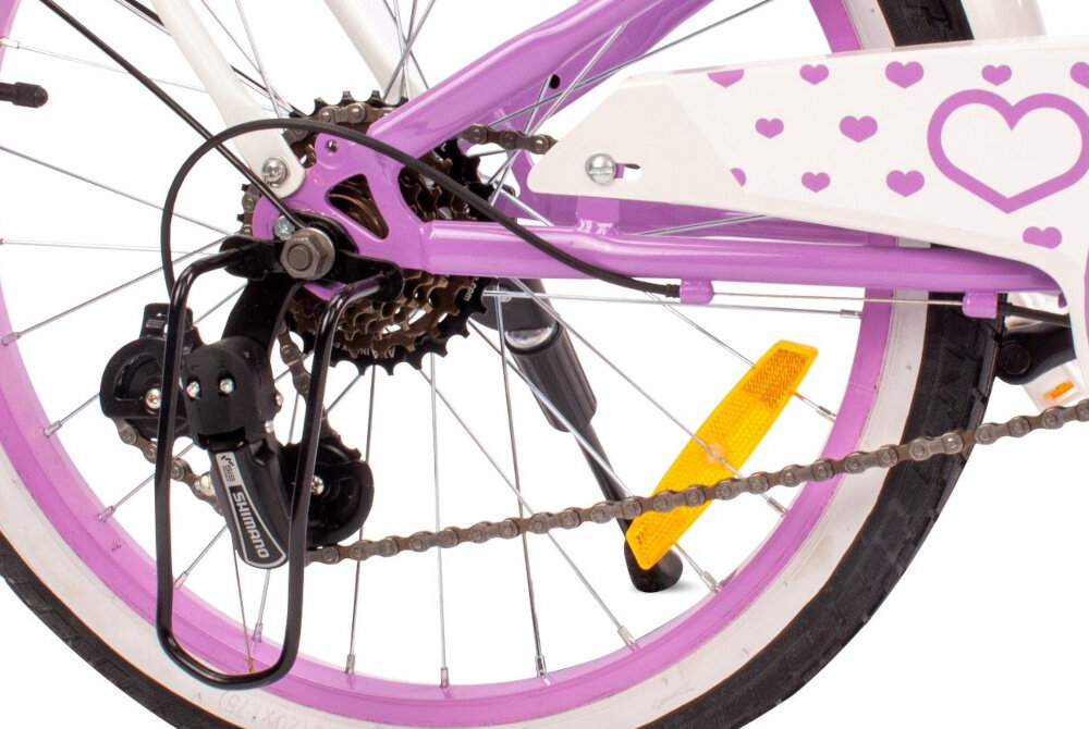 Rower dziecięcy SUN BABY Heart bike 20 cali dla dziewczynki Fioletowy 6 biegow obrotowa manetka RevoShift tylna przerzutka SHIMANO Tourney duza wytrzymalosc sprawne dzialanie plynna bezproblemowa zmiana biegow