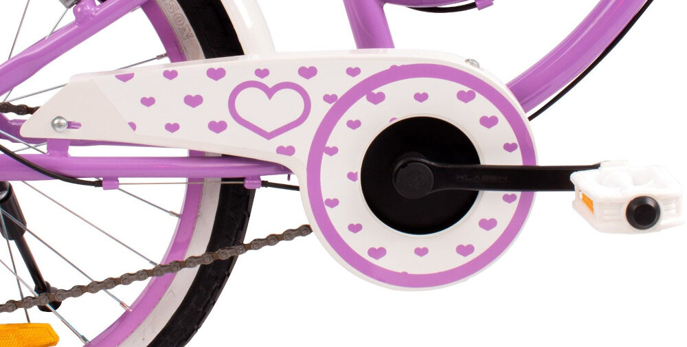 Rower dziecięcy SUN BABY Heart bike 20 cali dla dziewczynki Fioletowy oslona lancucha ochrona przed zabrudzeniem woda kurzem odpornosc na uszkodzenia mechaniczne nie deformuje sie aplikacja z serduszek