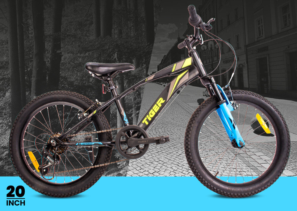 Rower dziecięcy SUN BABY Tiger Bike 20 cali dla chłopca Czarno-zielono-niebieski dla dzieci w wieku od 5 do 9 lat maksmalna waga do 50 kg trwaly wytrzymaly mocna konstrukcja