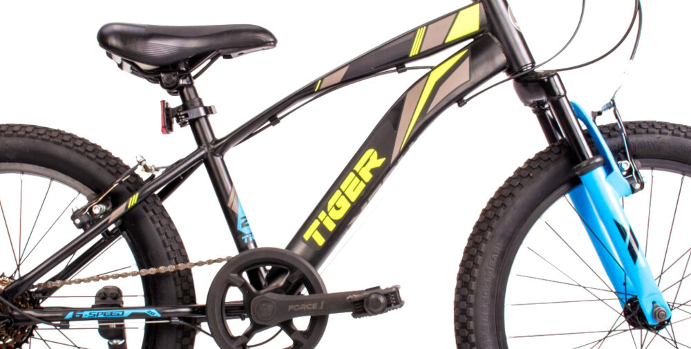 Rower dziecięcy SUN BABY Tiger Bike 20 cali dla chłopca Czarno-zielono-niebieski odpowiednio wyselekcjonowane materialy rama stalowa 10,5-calowa dostosowana do najmlodszych geometria ulatwia wsiadanie i zsiadanie z roweru ponadprzecietna odpornosc na uszkodzenia mechaniczne i dzialanie czynnikow zewnetrznych dla dzieci o wzroscie o 135 do 165 cm wybor rozmiaru ramy wzrost Twojego dziecka mierzony w zrelaksowanej pozycji typ roweru