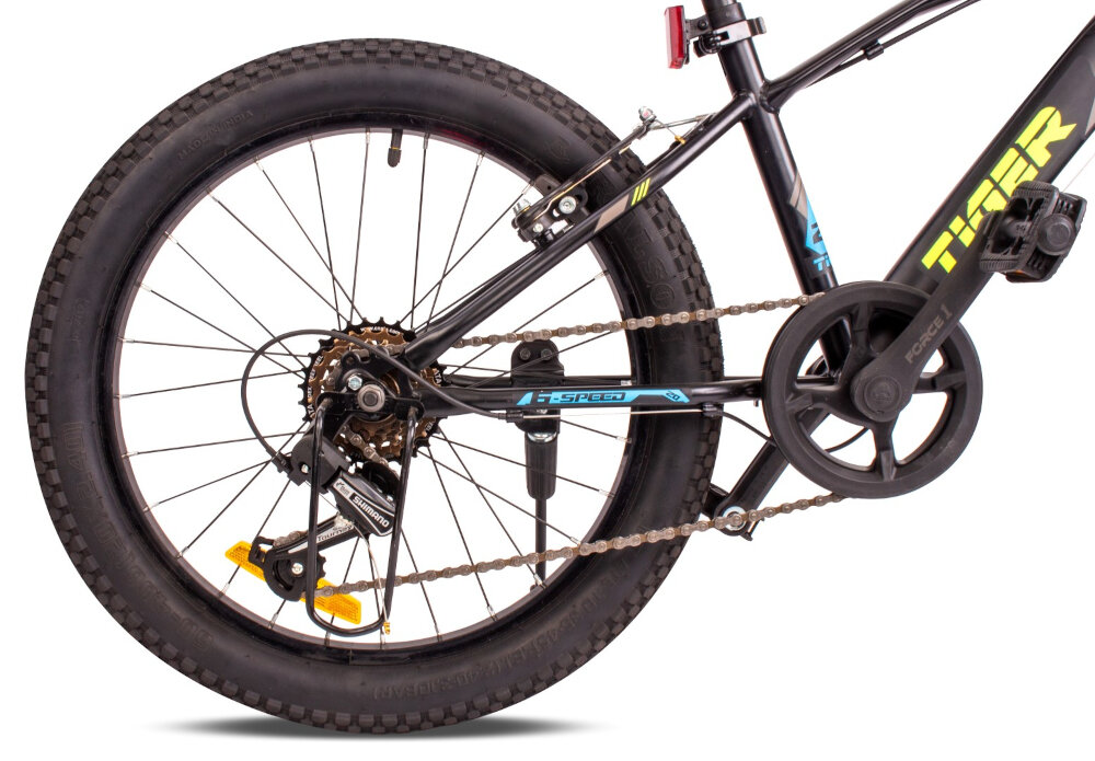 Rower dziecięcy SUN BABY Tiger Bike 20 cali dla chłopca Czarno-zielono-niebieski kola rozmiar 20 cali aluminiowe obrecze kola zachowuja ksztalt opony stabilnie trzymane bezpieczna jazda szerokie opony typu BMX doskonala przyczepnosc do podloza regularne sprawdzanie cisnienia powietrza wartosc na bocznej czesci opony