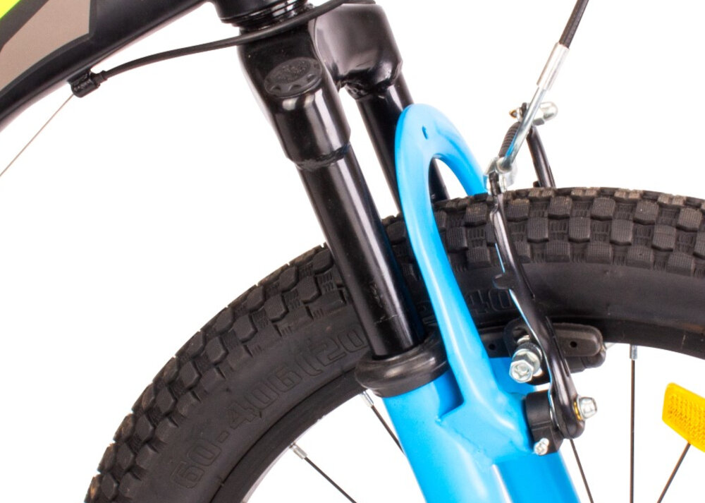 Rower dziecięcy SUN BABY Tiger Bike 20 cali dla chłopca Czarno-zielono-niebieski amortyzator przedni marki ORBI SHOKS niweluje wstrzasy ulatwia najezdzanie na przeszkody mniejsze obciazenie dloni skok 45 mm trasy o roznym stopniu nachylenia i trudnosci