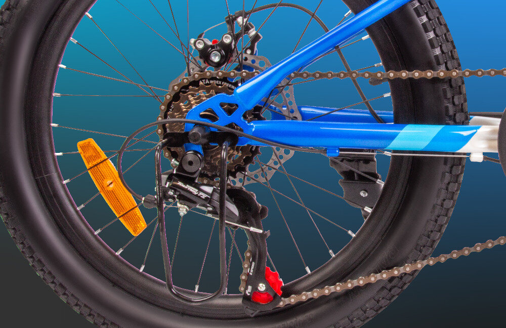 Rower dziecięcy SUN BABY Verdant Calix 20 cali dla chłopca Biało-niebiesko-pomarańczowy 6 biegow obrotowa manetka RevoShift tylna przerzutka SHIMANO Tourney duza wytrztmalosc sprawne dzialanie plynna bezproblemowa zmiana biegow