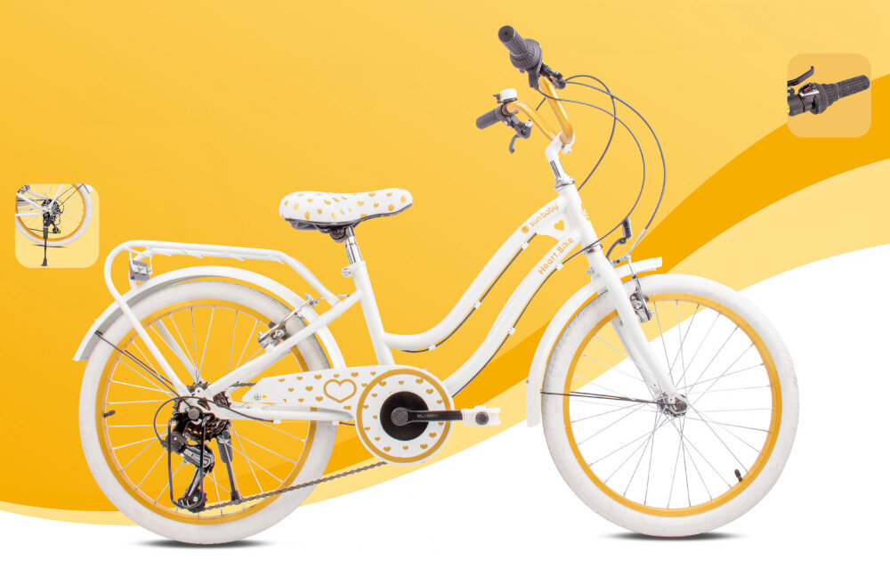 Rower dziecięcy SUN BABY Heart bike 20 cali dla dziewczynki Biało-złoty kola rozmiar 20 cali aluminiowe obrecze blotniki regularne sprawdzanie cisnienia powietrza wartosc na bocznej czesci opony