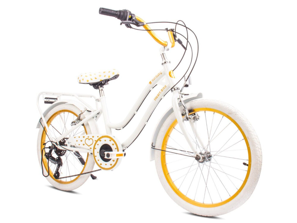 Rower dziecięcy SUN BABY Heart bike 20 cali dla dziewczynki Biało-złoty hamulce V-Brake na przod na tyl lekkie duza sila hamowania podstawa bezpieczenstwa
