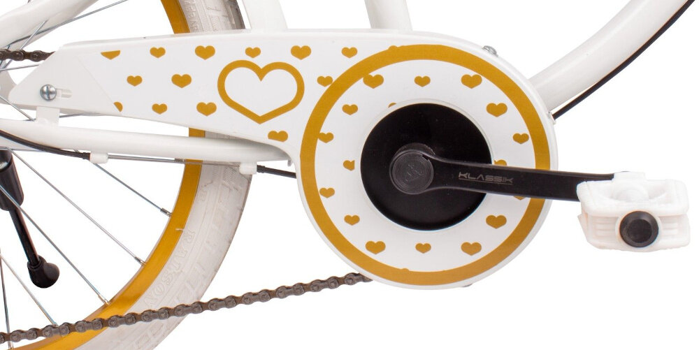 Rower dziecięcy SUN BABY Heart bike 20 cali dla dziewczynki Biało-złoty oslona lancucha ochrona przed zabrudzeniem woda kurzem odpornosc na uszkodzenia mechaniczne nie deformuje sie aplikacja z serduszek