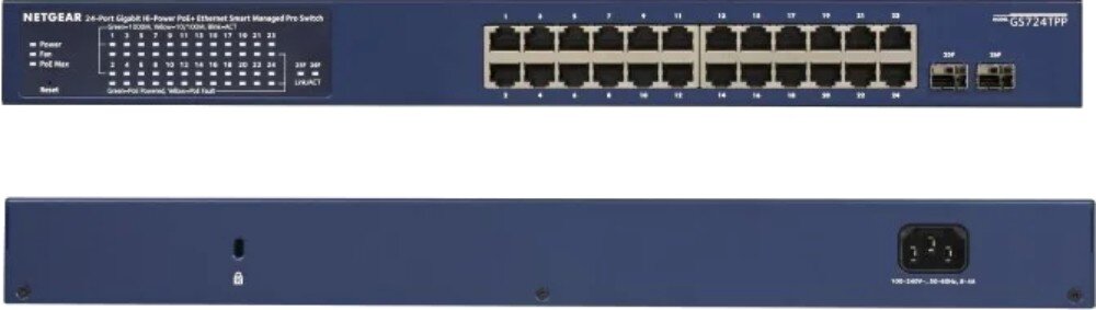 Switch NETGEAR GS724TP-300EUS Zestawienie przedniego i tylnego panelu urządzenia sieciowego; góra z portami i diodami, dół z gniazdem zasilania i blokadą, porty, prędkość, zasilanie PoE, gniazda SFP