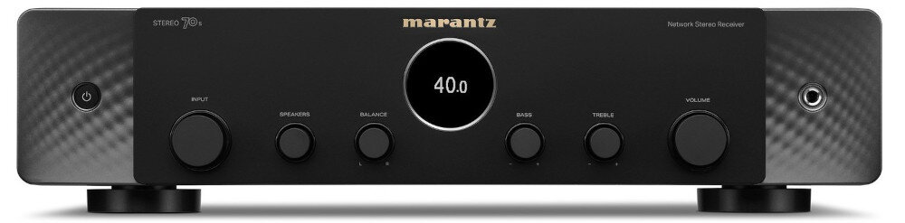 Amplituner MARANTZ Stereo 70S Phono MM dwa subwoofery USB słuchawki, amplituner od frontu na białym tle