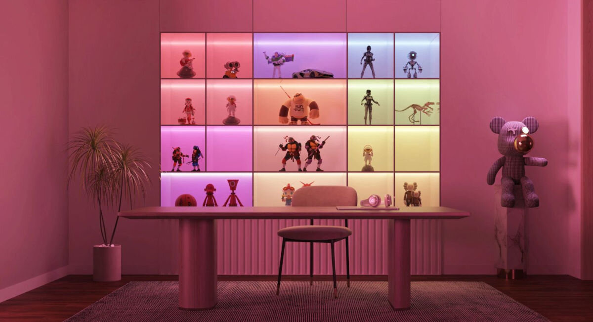 Przedłużenie taśmy LED GOVEE H100E 1 m Wi-Fi, przedłużenie, 1m, RGBIC, taśma, Półki z zabawkami podświetlone kolorowym oświetleniem LED.