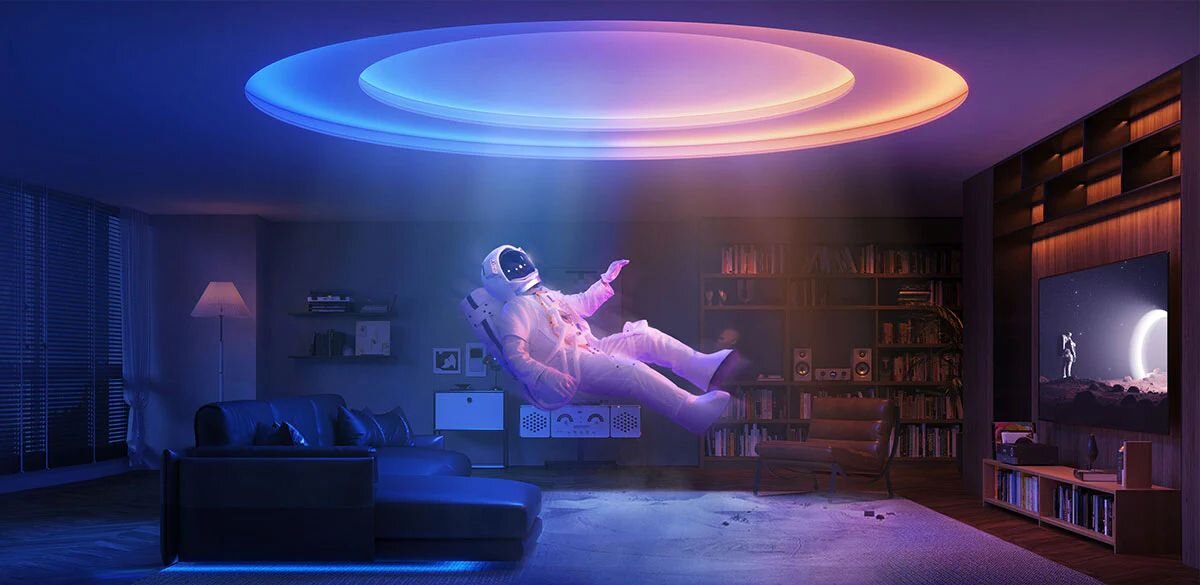 Przedłużenie taśmy LED GOVEE H100E 1 m Wi-Fi, 60 LED/m, RGBIC, 10m, meble, Pokój z unoszącym się astronautą i tęczowym oświetleniem LED.