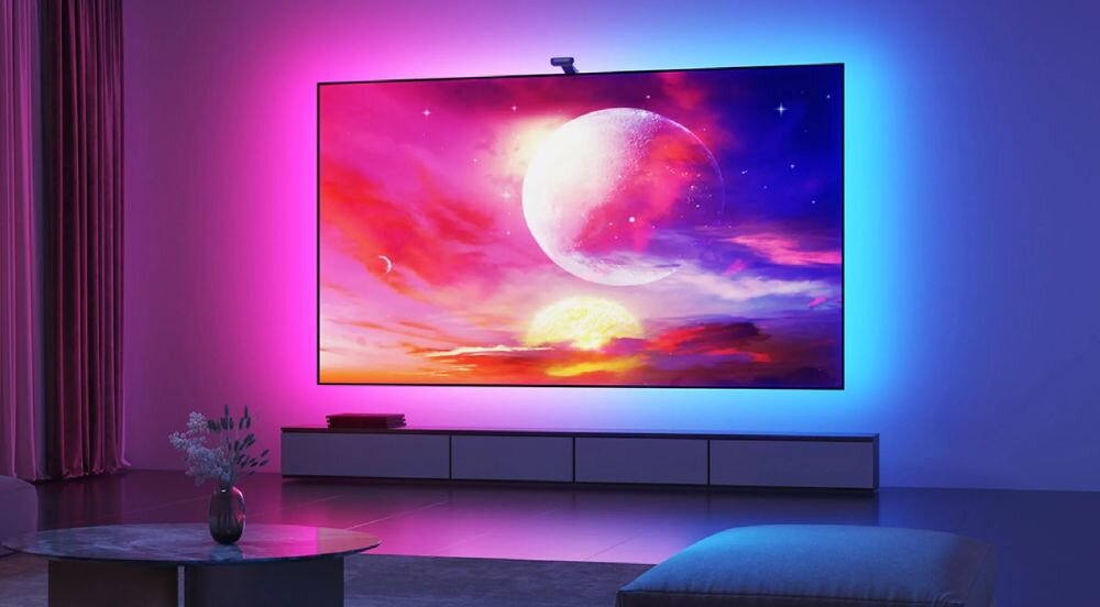 Taśma LED GOVEE H605C 5 m Wi-Fi/Bluetooth, podświetlenie, tv, dynamika, światło, telewizor w kolorach taśmy LED, zamontowanej za telewizorem w pokoju gościnnym
