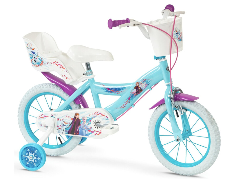 Rower dziecięcy DISNEY Kraina Lodu 14 cali dla dziewczynki w blekitnej kolorystyce postacie Elzy Anny i Olfa dla dzieci w wieku od 4 do 5 lat