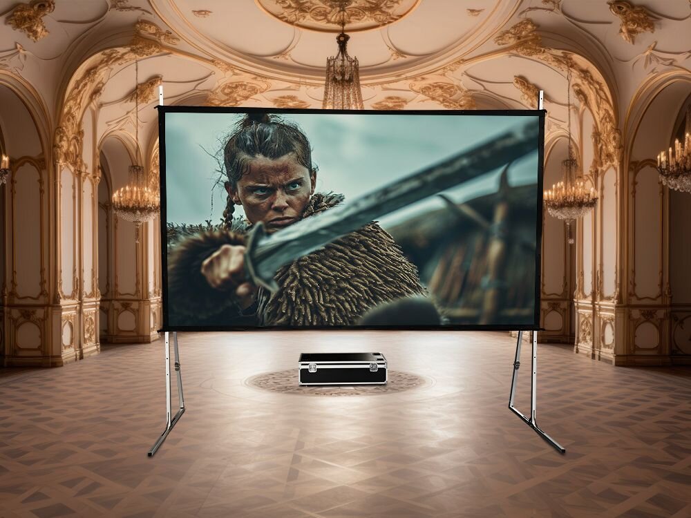 Ekran projekcyjny ART FF-300 600x400 konstrukcja FastFold szybki montaż eventy pokazy plenerowe, ekran projekcyjny stojący w pomieszczeniu