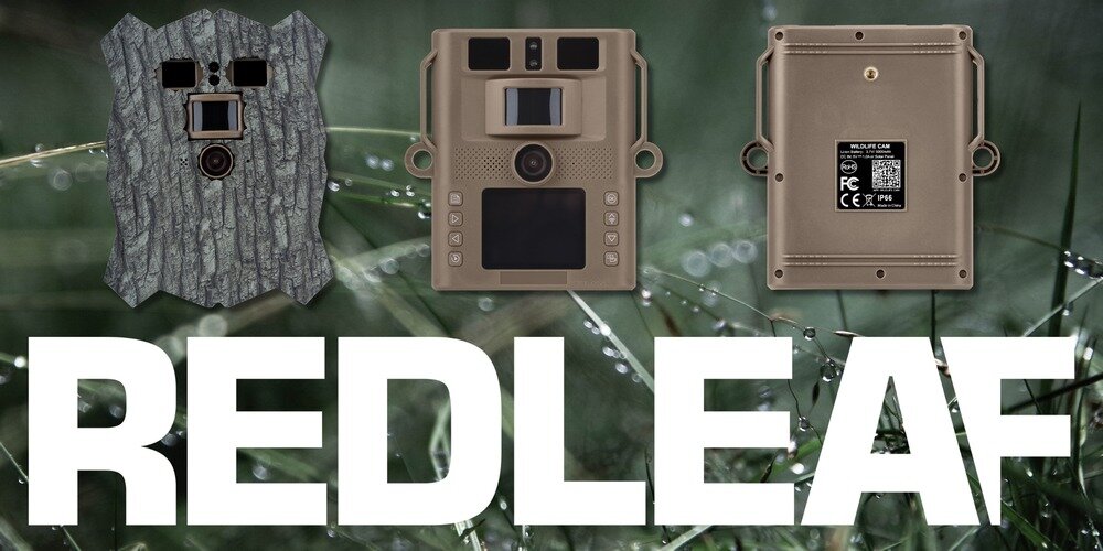 Kamera obserwacyjna Redleaf T20WF – widok z przodu w kamuflażu, z przodu w brązie oraz z tyłu z tabliczką znamionową