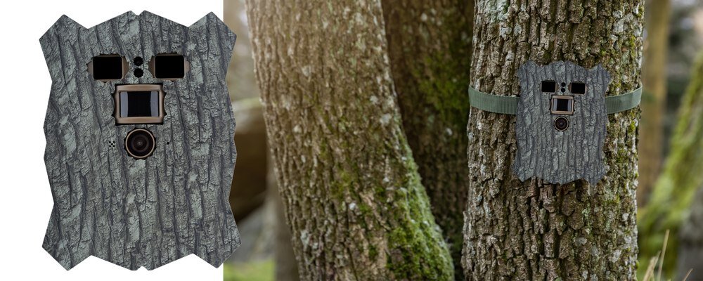 Kamera obserwacyjna Redleaf T20WF w kamuflażu – widok z przodu oraz zamocowana na drzewie za pomocą paska