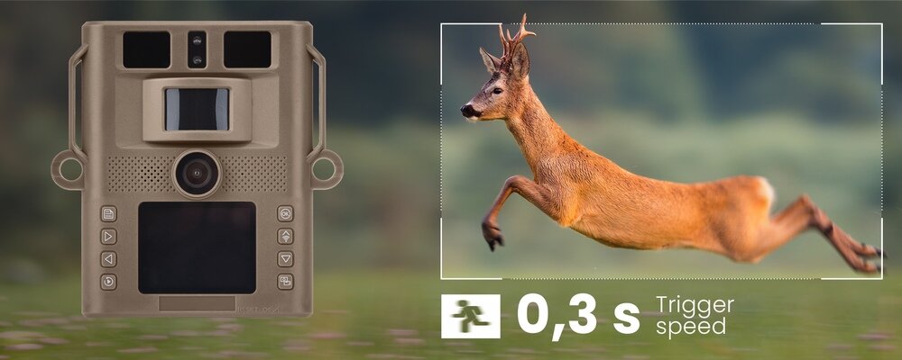 Kamera obserwacyjna Redleaf T20WF w kolorze brązowym oraz skacząca sarna, funkcja szybkiego wyzwalania migawki 0,3 sekundy