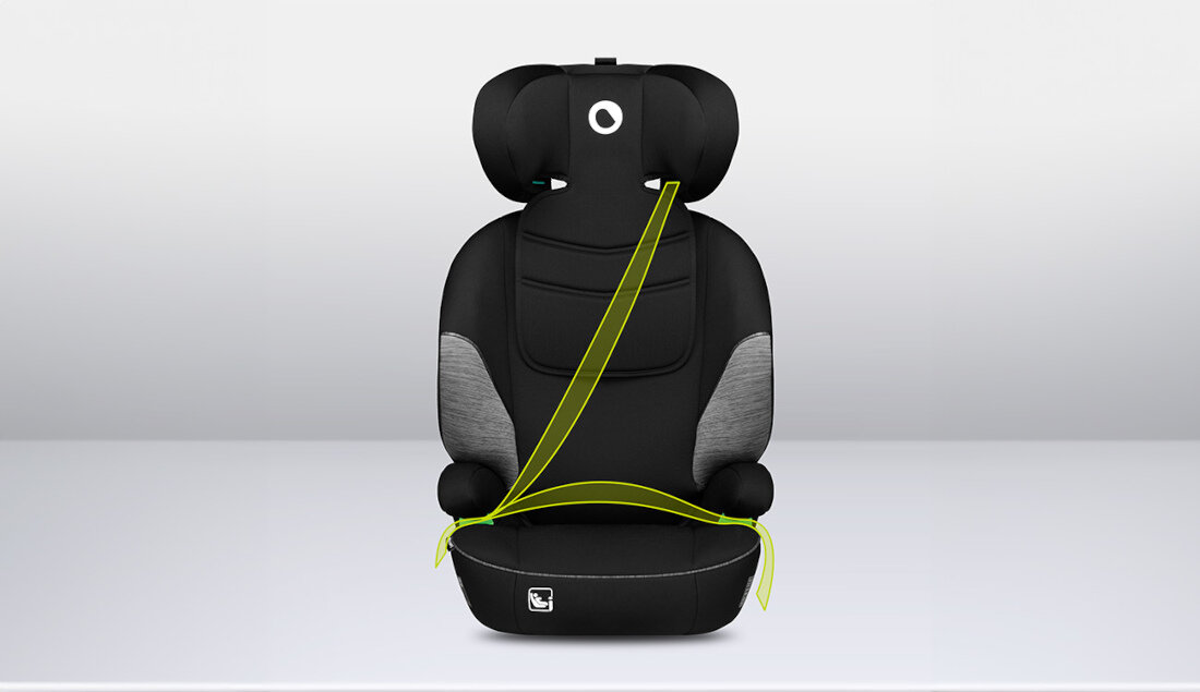 Fotelik samochodowy LIONELO Lars I-Size (15-36 kg) Czarno-szary Montaż przodem kierunek jazdy 3-punktowe pasy bezpieczeństwa zielone prowadnice montaz