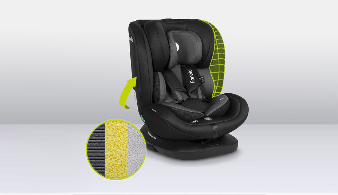 Fotelik samochodowy LIONELO Bastiaan I-Size (0-36 kg) Czarno-szary Wysoki standard bezpieczeństwa wiek przeznaczenie wzrost system ochrony bocznej SideProtect zaglowek pianka Memory Foam pozycja RWF