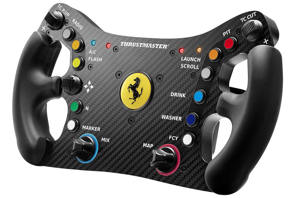 Kierownica THRUSTMASTER Ferrari 488 GT3 Wheel Add-On prezentacja urządzenia od frontu pod kątem na białym tle 11 przycisków czynności d-pad dwa pokrętła kodujące dwa kodery kciukowe szybkie zmiany ustawień płynność jazdy