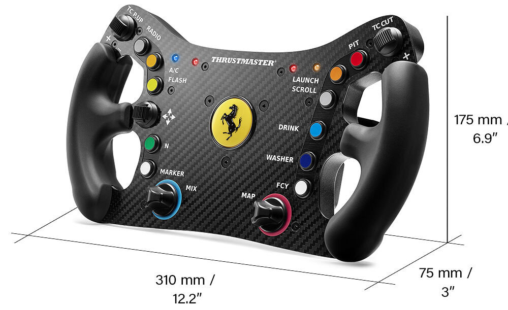 Kierownica THRUSTMASTER Ferrari 488 GT3 Wheel Add-On prezentacja urządzenia na białym tle pod kątem z podanymi wymiarami cztery diody kluczowe dane dwa tryby działania GT bolid wspiera orientację na torze szybka reakcja