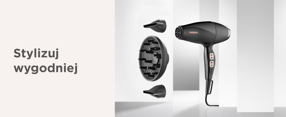 Suszarka BABYLISS 6716DE 2300W komfort użytkowania ergonomiczna konstrukcja wygodnie lezy w dłoni swobodna precyzyjna stylizacja długi 2,8 metrowy przewód zasilający pełna swoboda ruchów suszenie stylizacja włosów zwiększa komfort użytkowania