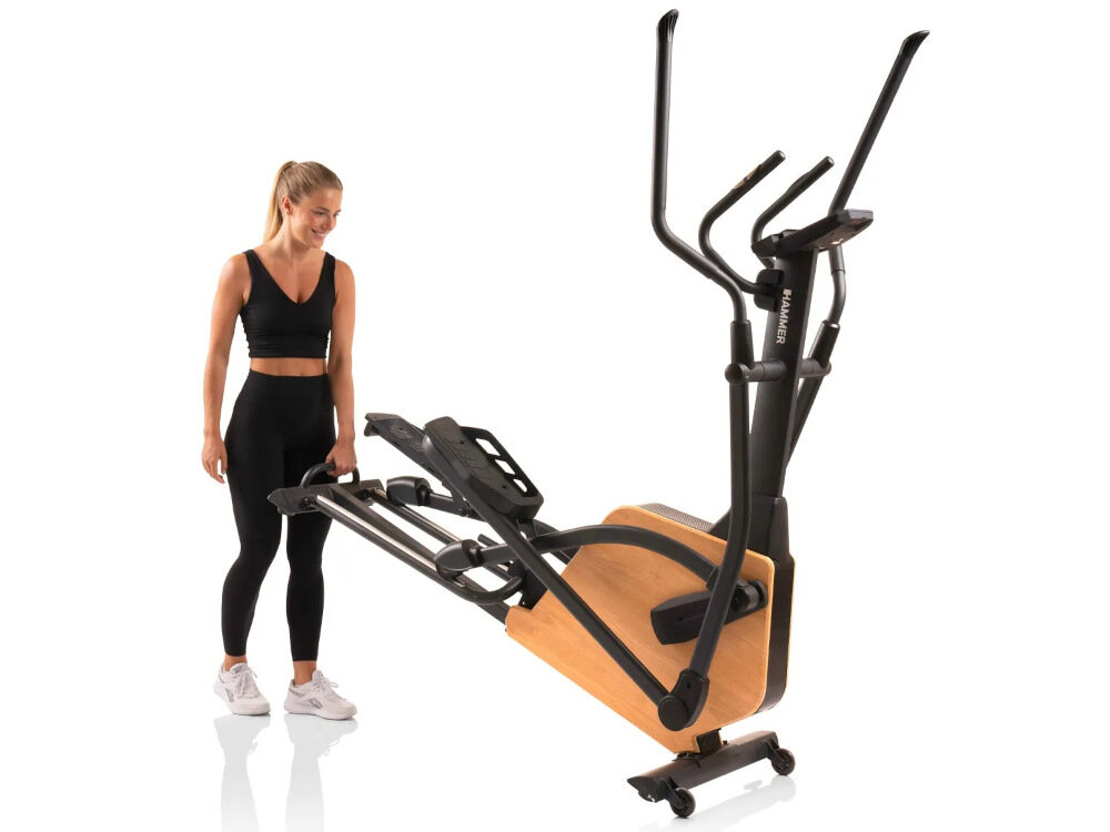 Orbitrek eliptyczny HAMMER Cross Pace 5.0 NorsK wymiary 162 x 64 x 180 cm waga 71 kg naturalne drewno stalowa rama do uzytku domowego obciazenie do 130 kg kolka transportowe