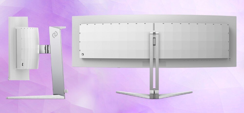 Monitor PHILIPS Evnia 49M2C8900 Tylny i boczny widok na zakrzywiony monitor w jasnej kolorystyce na fioletowym tle, widoczne mocowanie i podstawka w kształcie litery V, podstawa, ergonomia, porty, przełącznik KVM