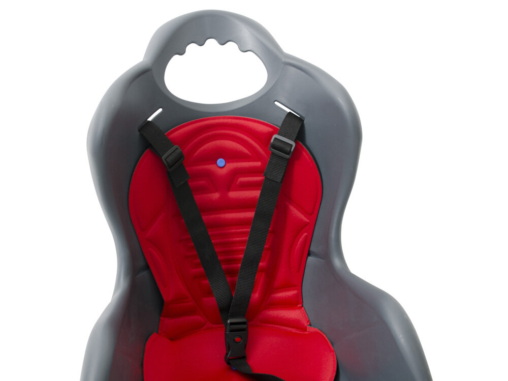 Fotelik rowerowy ELIBAS Grafitowy miękka poduszka łatwo ściągnąć i wyprać obejmuje całe oparcie i siedzisko wyprofilowane miejsce na kask