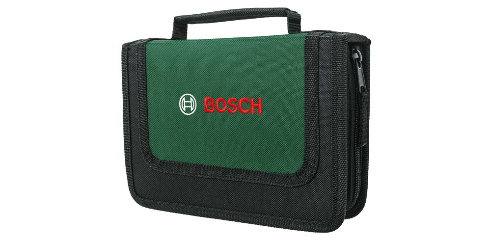 Zestaw narzędzi BOSCH 1600A02BY2 26 elementów etui na białym tle materiałowy pokrowiec zamykany na suwak poręczna forma porządek natychmiastowy dostęp