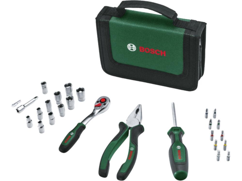 Zestaw narzędzi BOSCH 1600A02BY2 26 elementów zestaw na białym tle w zestawie etui kombinerki wkrętak ręczny grzechotka adapter do końcówek nasadkowych adapter do końcówek wkrętakowych przedłużka 10 nasadek sześciokątnych ¼ cala 10 bitów dokumentacja
