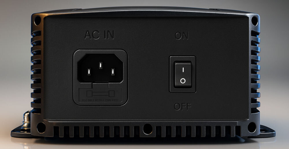 Inteligentna ładowarka QOLTEC Monolith 51959 do akumulatorów LIFEPO4 AGM GEL SLA 20A 12V, ingerencja, wygoda, dopasowanie, komfort, na szaro białym tle gniazdo zasilacza oraz przełącznik ładowarki frontem na wprost