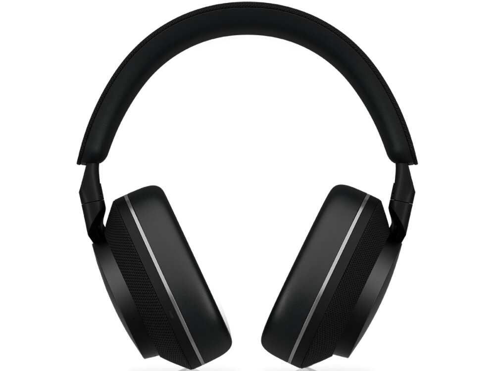 Czarne słuchawki nauszne z widocznymi srebrnymi akcentami na pałąku i nausznikach. Na nausznikach znajduje się logo \'Bowers & Wilkins\'.