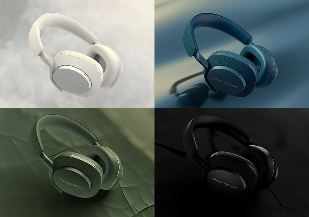 Cztery pary słuchawek nausznych w różnych kolorach: białym, niebieskim, zielonym i czarnym, z widocznym logo \'Bowers & Wilkins\' na nausznikach.